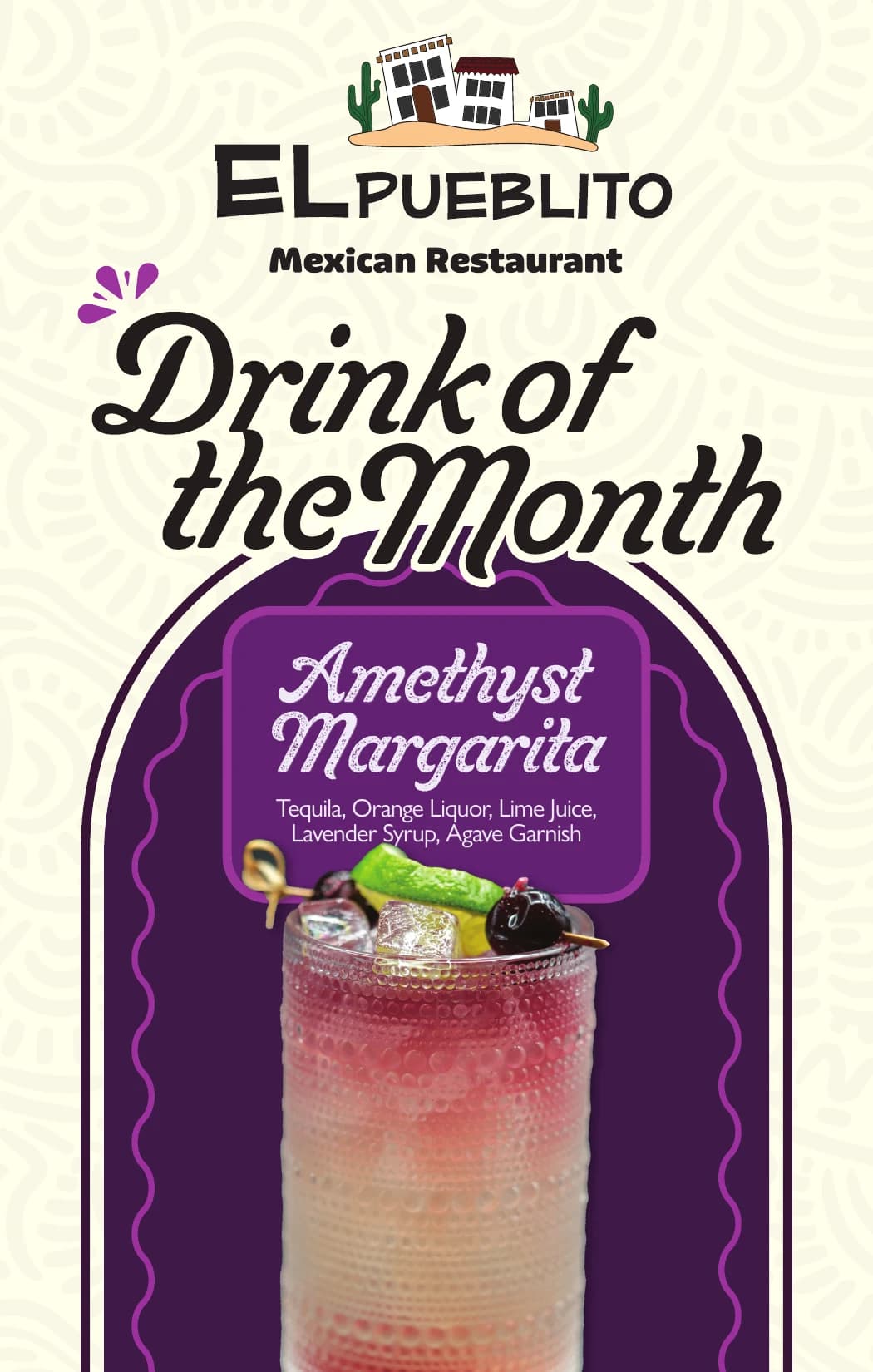 El Pueblito Drink of the Month menu card for the Amethyst Margarita, built from the same shoot
